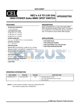 UPG2022T5G datasheet - 4.8 TO 5.85 GHz HIGH POWER GaAs MMIC SPDT SWITCH
