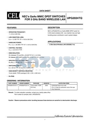 UPG2024TQ datasheet - NECs GaAs MMIC DPDT SWITCHES FOR 5 GHz BAND WIRELESS LAN