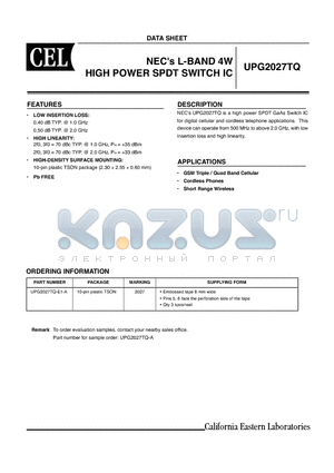 UPG2027TQ-E1-A datasheet - NECs L-BAND 4W HIGH POWER SPDT SWITCH IC