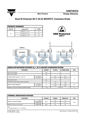 SI6874EDQ datasheet - Dual N-Channel 20-V (D-S) MOSFET, Common Drain