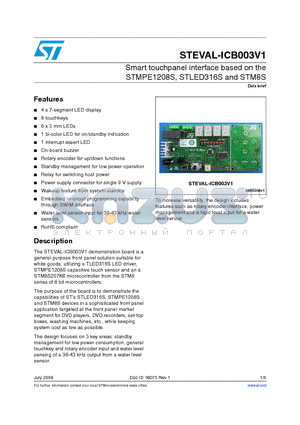 STEVAL-ICB003V1 datasheet - Smart touchpanel interface based on the STMPE1208S, STLED316S and STM8S