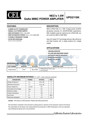 UPG2118K datasheet - NECs 1.5W GaAs MMIC POWER AMPLIFIER