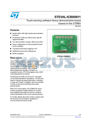 STEVAL-ICB008V1 datasheet - Touch-sensing software library demonstration board based on the STM8S