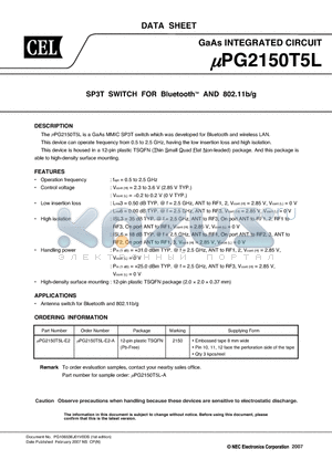 UPG2150T5L datasheet - SP3T SWITCH FOR BluetoothTM AND 802.11b/g