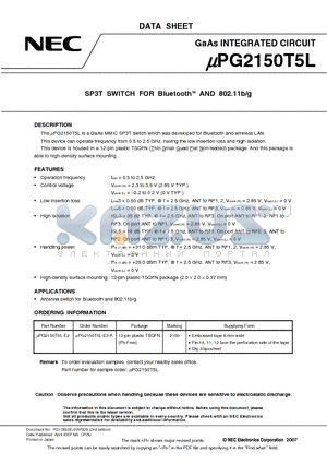 UPG2150T5L datasheet - SP3T SWITCH FOR BluetoothTM AND 802.11b/g