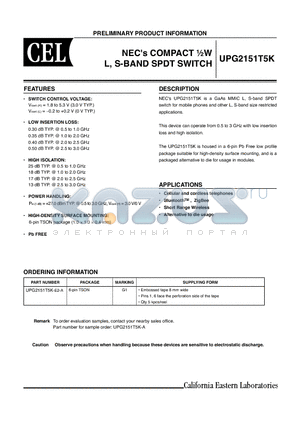 UPG2151T5K-E2-A datasheet - NECs COMPACT 1/2WL, S-BAND SPDT SWITCH