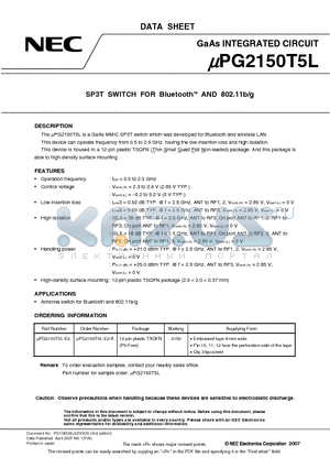 UPG2150T5L-E2 datasheet - SP3T SWITCH FOR BluetoothTM AND 802.11b/g