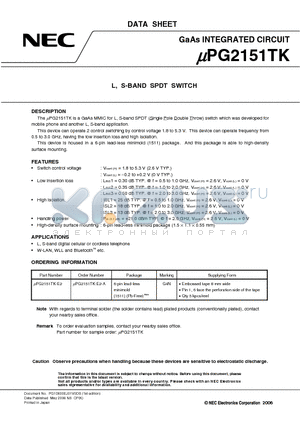 UPG2151TK-E2 datasheet - L, S-BAND SPDT SWITCH