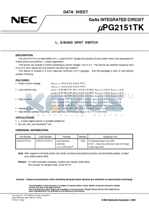 UPG2151TK-E2-A datasheet - L, S-BAND SPDT SWITCH