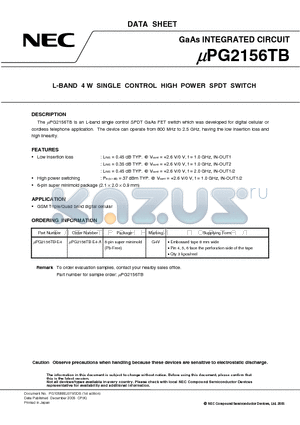 UPG2156TB datasheet - L-BAND 4 W SINGLE CONTROL HIGH POWER SPDT SWITCH