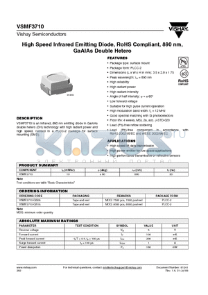 VSMF3710 datasheet - High Speed Infrared Emitting Diode, RoHS Compliant, 890 nm, GaAlAs Double Hetero