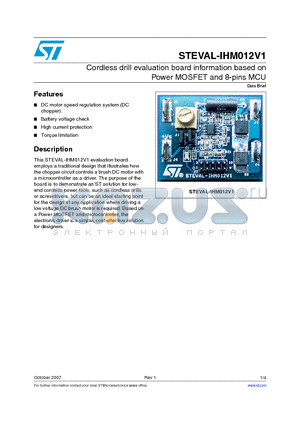 STEVAL-IHM012V1 datasheet - Cordless drill evaluation board information based on Power MOSFET and 8-pins MCU