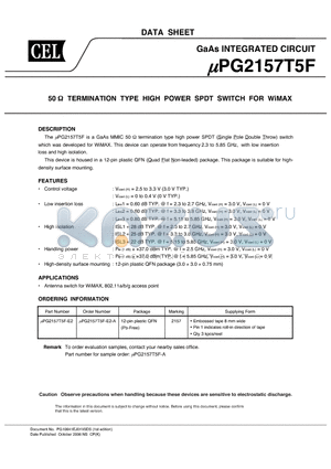 UPG2157T5F datasheet - 50 ohm TERMINATION TYPE HIGH POWER SPDT SWITCH FOR WiMAX