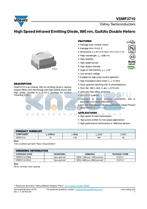 VSMF3710 datasheet - High Speed Infrared Emitting Diode, 890 nm, GaAlAs Double Hetero