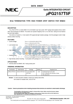 UPG2157T5F datasheet - 50 Y TERMINATION TYPE HIGH POWER SPDT SWITCH FOR WiMAX