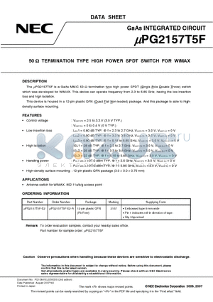 UPG2157T5F-E2-A datasheet - 50 Y TERMINATION TYPE HIGH POWER SPDT SWITCH FOR WiMAX