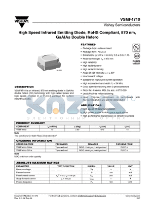 VSMF4710 datasheet - High Speed Infrared Emitting Diode, RoHS Compliant, 870 nm, GaAlAs Double Hetero