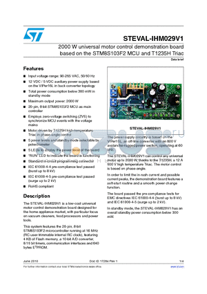 STEVAL-IHM029V1 datasheet - 2000 W universal motor control demonstration board based on the STM8S103F2 MCU and T1235H Triac