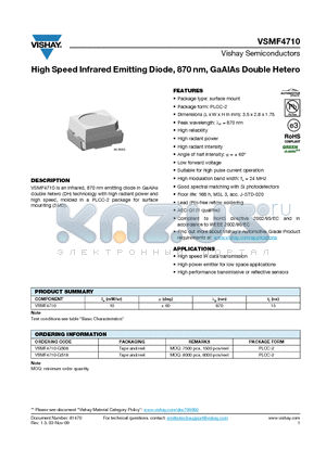 VSMF4710 datasheet - High Speed Infrared Emitting Diode, 870 nm, GaAlAs Double Hetero