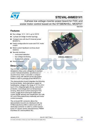 STEVAL-IHM031V1 datasheet - 3-phase low voltage inverter power board for FOC and scalar motor control based on the STS8DNH3LL MOSFET