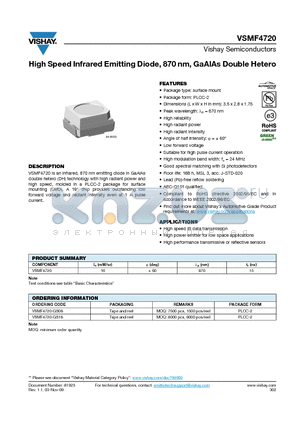 VSMF4720 datasheet - High Speed Infrared Emitting Diode, 870 nm, GaAlAs Double Hetero