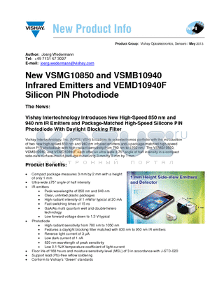 VSMG10850 datasheet - High Speed Infrared Emitting Diode, 850 nm, GaAlAs, DH