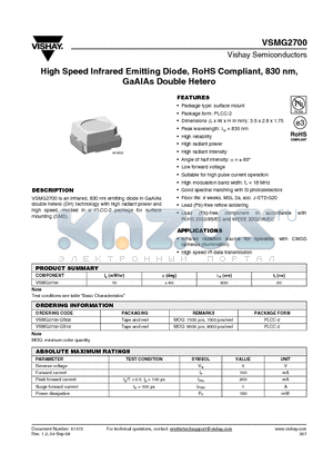 VSMG2700 datasheet - High Speed Infrared Emitting Diode, RoHS Compliant, 830 nm, GaAlAs Double Hetero