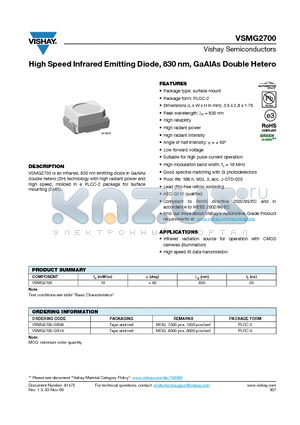VSMG2700 datasheet - High Speed Infrared Emitting Diode, 830 nm, GaAlAs Double Hetero