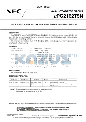 UPG2162T5N-E2 datasheet - DPDT SWITCH FOR 2.4 GHz AND 6 GHz DUAL-BAND WIRELESS LAN
