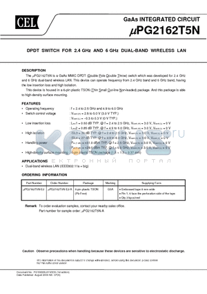 UPG2162T5N-E2-A datasheet - DPDT SWITCH FOR 2.4 GHz AND 6 GHz DUAL-BAND WIRELESS LAN