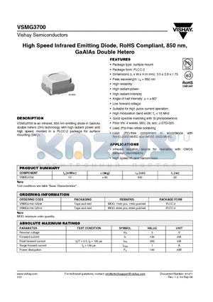 VSMG3700-GS18 datasheet - High Speed Infrared Emitting Diode, RoHS Compliant, 850 nm, GaAlAs Double Hetero