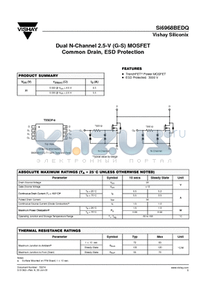 SI6968BEDQ datasheet - Dual N-Channel 2.5-V (G-S) MOSFET Common Drain, ESD Protection