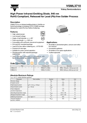 VSML3710 datasheet - High Power Infrared Emitting Diode, 940 nm RoHS Compliant, Released for Lead (Pb)-free Solder Process