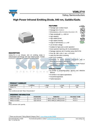 VSML3710 datasheet - High Power Infrared Emitting Diode, 940 nm, GaAlAs/GaAs