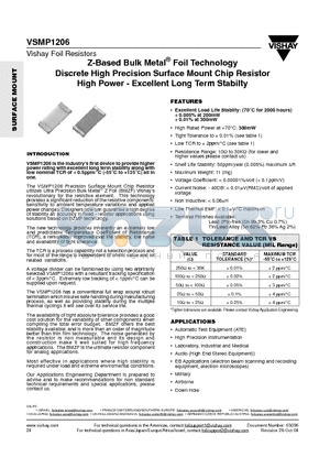 VSMP1206 datasheet - Z-Based Bulk Metal Foil Technology Discrete High Precision Surface Mount Chip Resistor High Power - Excellent Long Term Stabilty