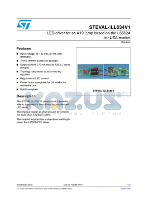STEVAL-ILL034V1 datasheet - LED driver for an A19 lamp based on the L6562A for USA market