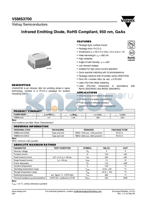 VSMS3700 datasheet - Infrared Emitting Diode, RoHS Compliant, 950 nm, GaAs