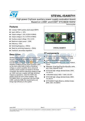 STEVAL-ISA007V1 datasheet - High power 3-phase auxiliary power supply evaluation board Based on L5991 and ESBT STC08DE150HV