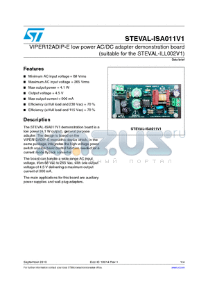 STEVAL-ISA011V1 datasheet - VIPER12ADIP-E low power AC/DC adapter demonstration board (suitable for the STEVAL-ILL002V1)