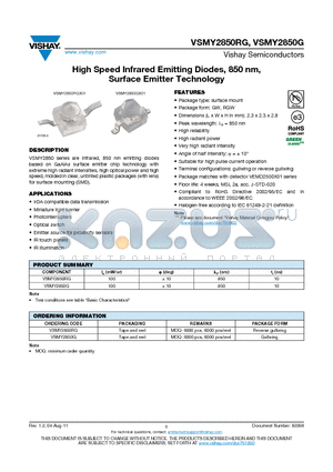 VSMY2850RG datasheet - High Speed Infrared Emitting Diodes, 850 nm, Surface Emitter Technology