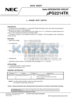 UPG2214TK datasheet - L, S-BAND SPDT SWITCH