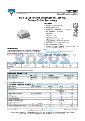 VSMY3850 datasheet - High Speed Infrared Emitting Diode, 850 nm, Surface Emitter Technology