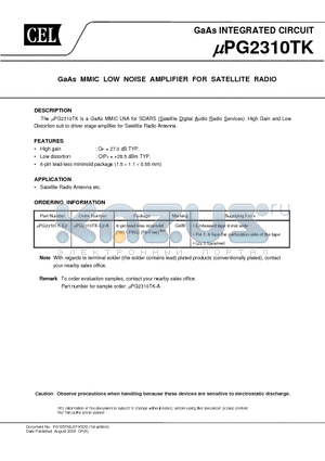 UPG2310TK-E2 datasheet - GaAs MMIC LOW NOISE AMPLIFIER FOR SATELLITE RADIO