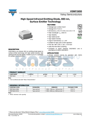 VSMY3850-GS18 datasheet - High Speed Infrared Emitting Diode, 850 nm, Surface Emitter Technology