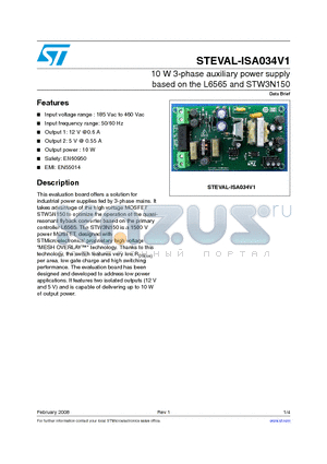 STEVAL-ISA034V1 datasheet - 10 W 3-phase auxiliary power supply based on the L6565 and STW3N150