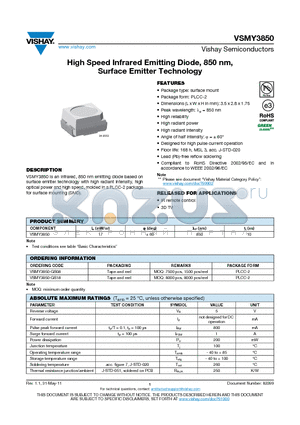 VSMY3850-GS18 datasheet - High Speed Infrared Emitting Diode, 850 nm, Surface Emitter Technology