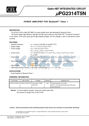 UPG2314T5N datasheet - POWER AMPLIFIER FOR BluetoothTM Class 1