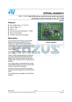 STEVAL-ISA045V1 datasheet - 2 A / 1.2 V high-efficiency synchronous buck converter evaluation board based on the ST1S09