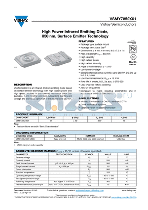 VSMY7852X01 datasheet - High Power Infrared Emitting Diode, 850 nm, Surface Emitter Techno