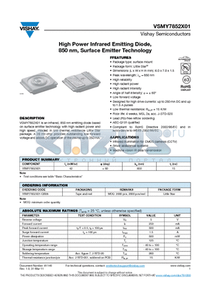 VSMY7852X01-GS08 datasheet - High Power Infrared Emitting Diode, 850 nm, Surface Emitter Technoloy